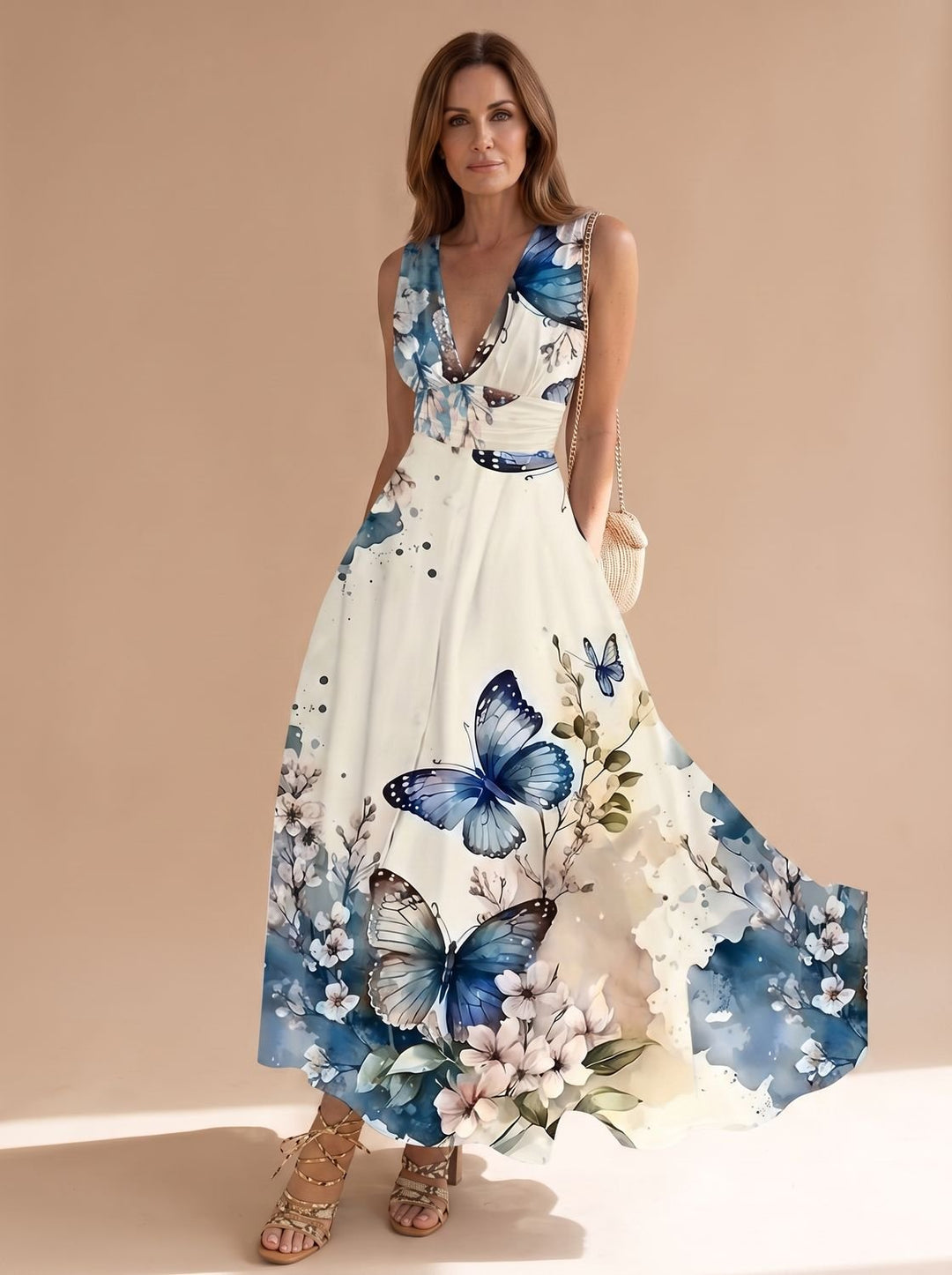 Women's Boho Sleeveless V-Neck Floral Maxi Dress - 3 Flower