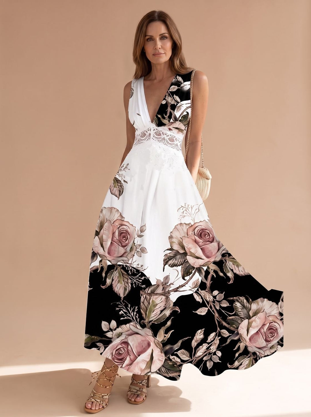 Women's Boho Sleeveless V-Neck Floral Maxi Dress - 4 Flower