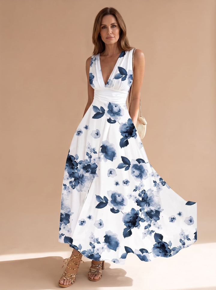 Women's Boho Sleeveless V-Neck Floral Maxi Dress