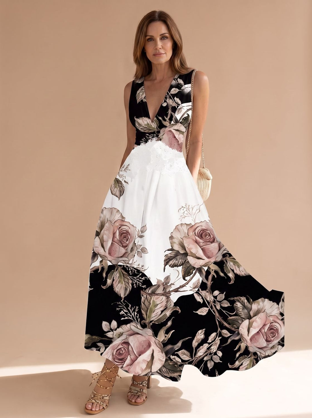 Women's Boho Sleeveless V-Neck Floral Maxi Dress