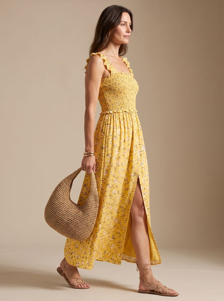 Women's Boho Smocked Ruffle-Trim Floral High-Slit Maxi Dress
