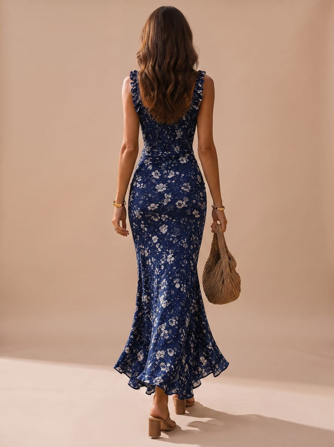 Women's Boho Smocked Ruffle-Trim Floral High-Slit Maxi Dress