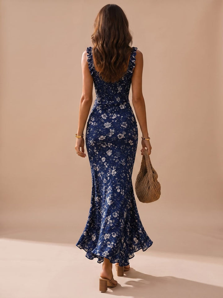 Women's Boho Smocked Ruffle-Trim Floral High-Slit Maxi Dress