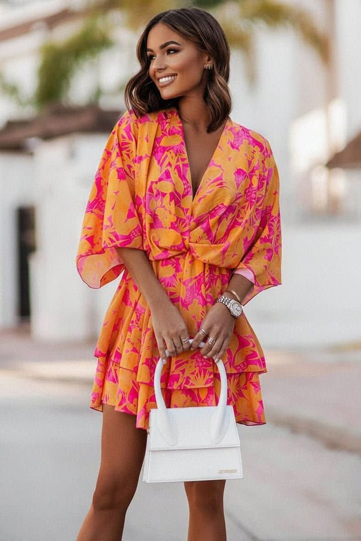 Women's Boho Tropical-Print Mini Cocktail Dress Tiered Skirt - Orange