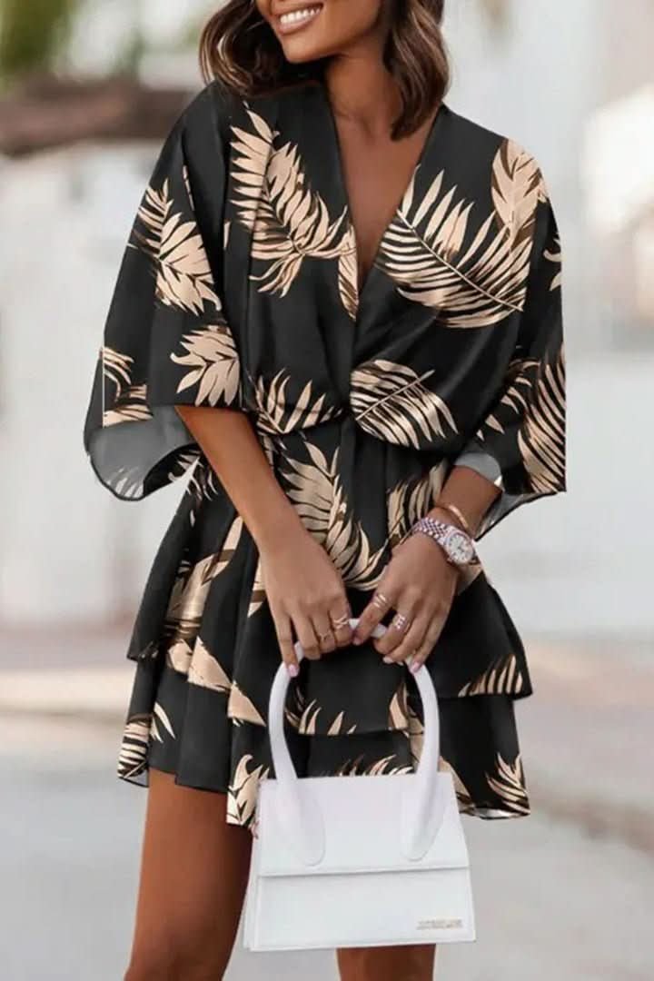 Women's Boho Tropical-Print Mini Cocktail Dress Tiered Skirt - Black