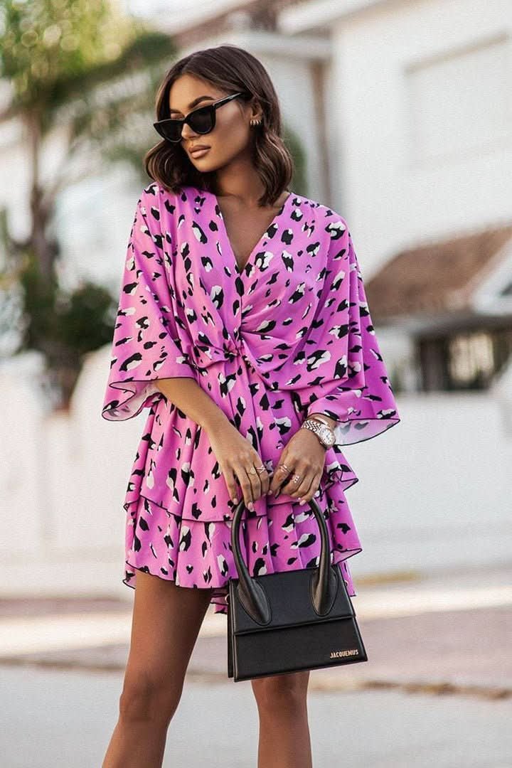 Women's Boho Tropical-Print Mini Cocktail Dress Tiered Skirt - Pink