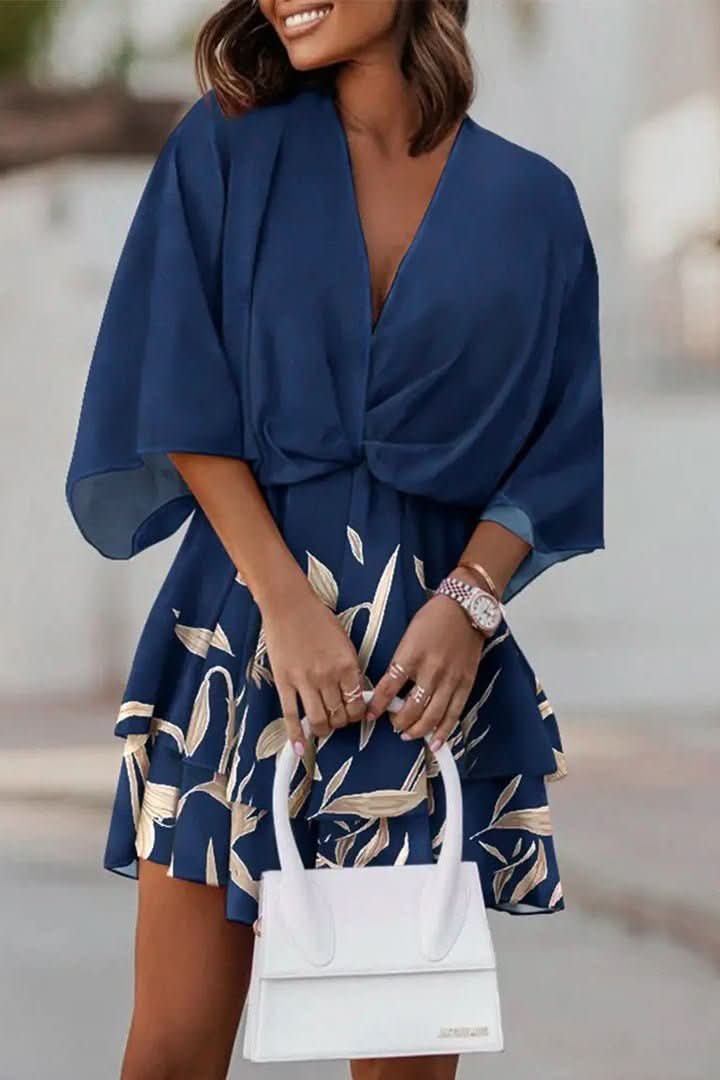 Women's Boho Tropical-Print Mini Cocktail Dress Tiered Skirt - Navy Blue