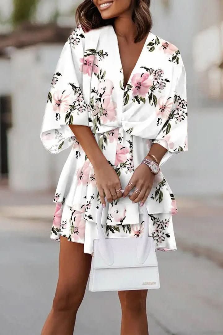 Women's Boho Tropical-Print Mini Cocktail Dress Tiered Skirt - White
