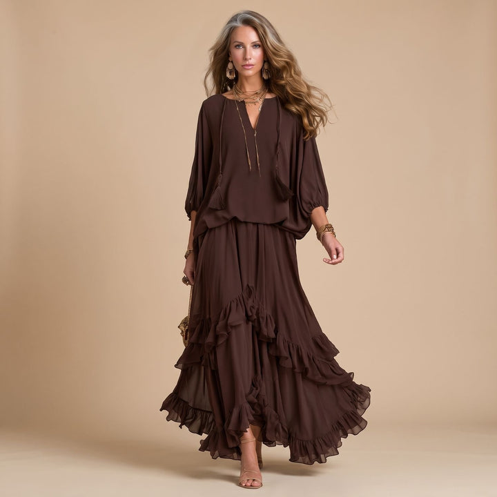 Women's Boho Two Piece Set Brown Chiffon Top Layered Ruffle Maxi Skirt - Brown