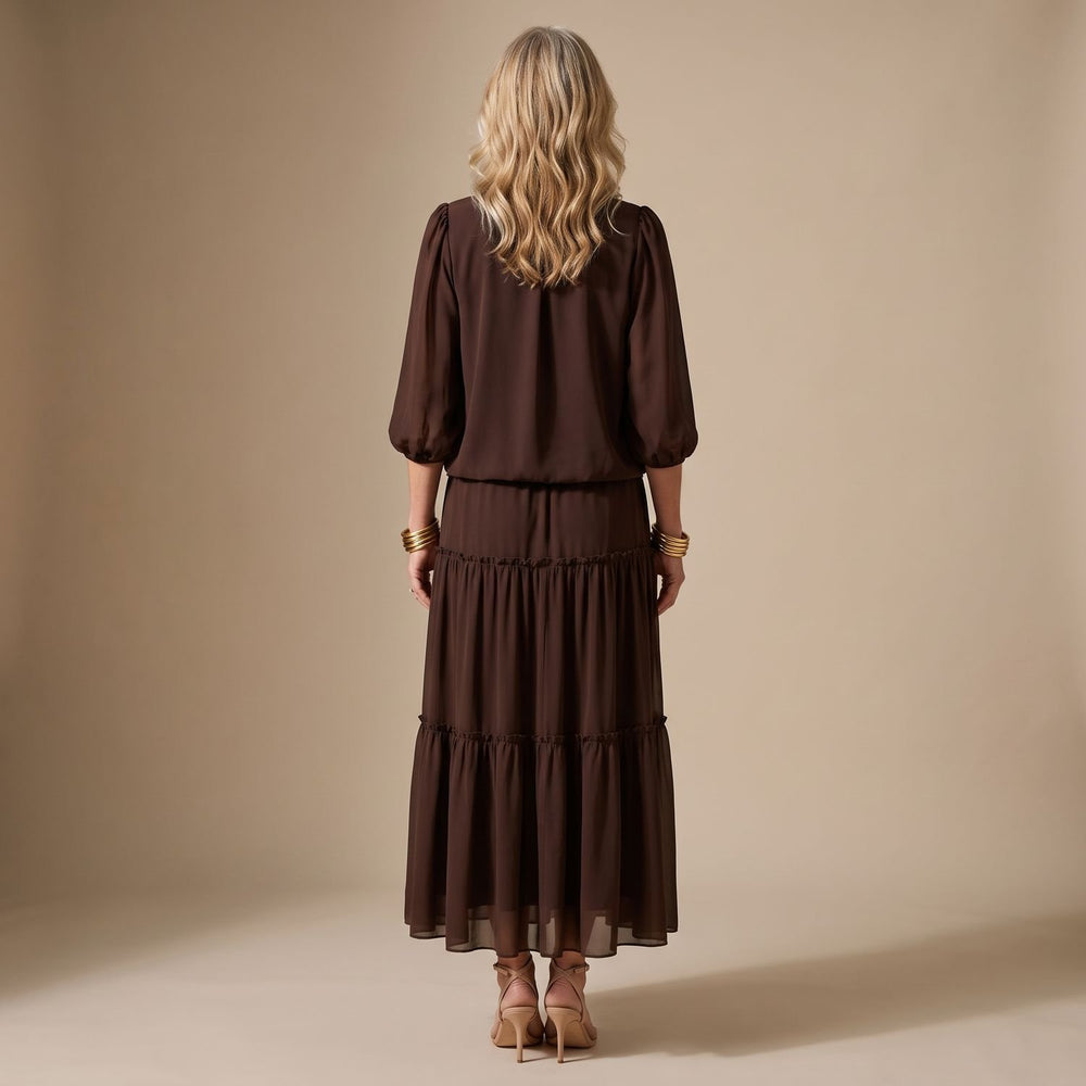 Women's Boho Two Piece Set Brown Chiffon Top Layered Ruffle Maxi Skirt