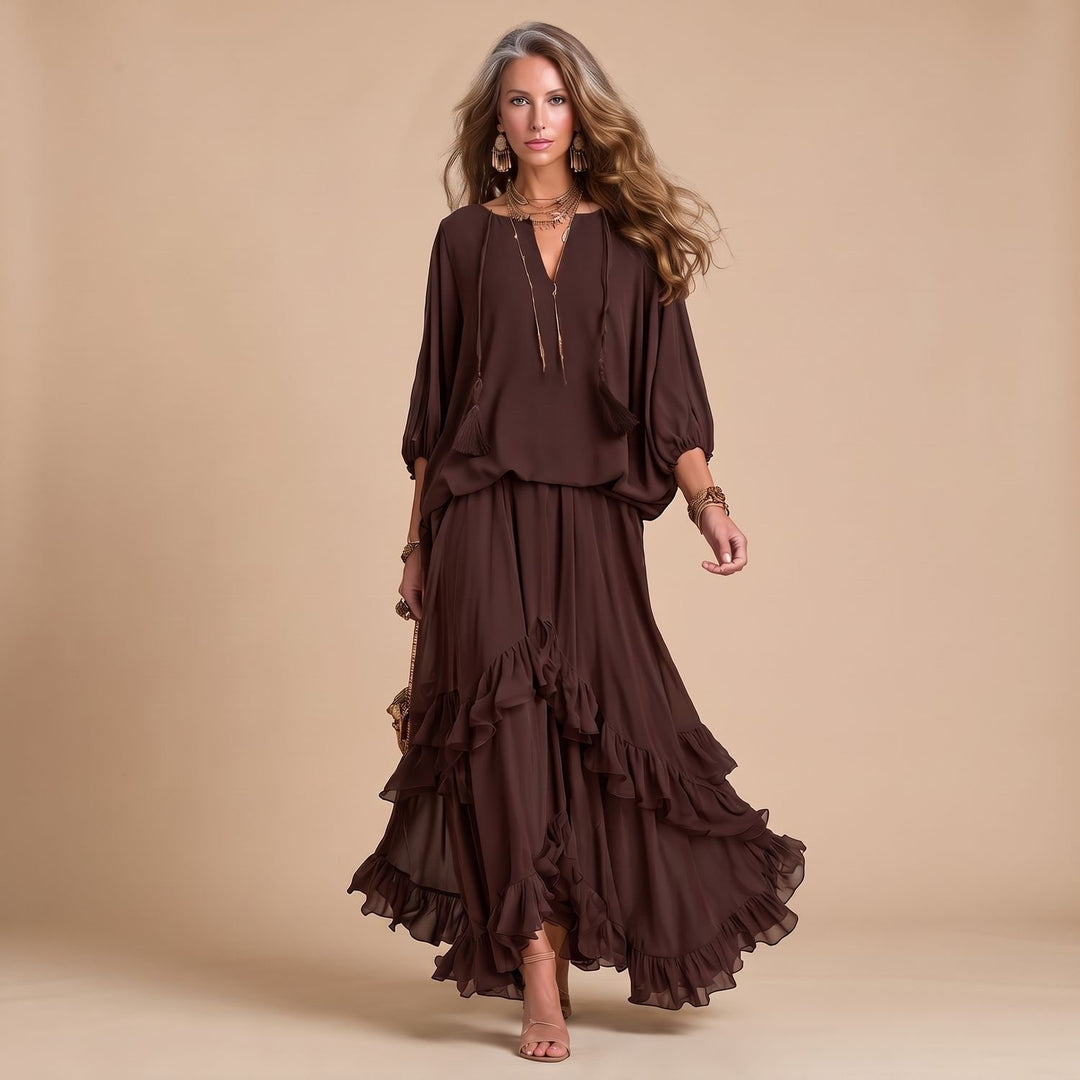 Women's Boho Two Piece Set Brown Chiffon Top Layered Ruffle Maxi Skirt