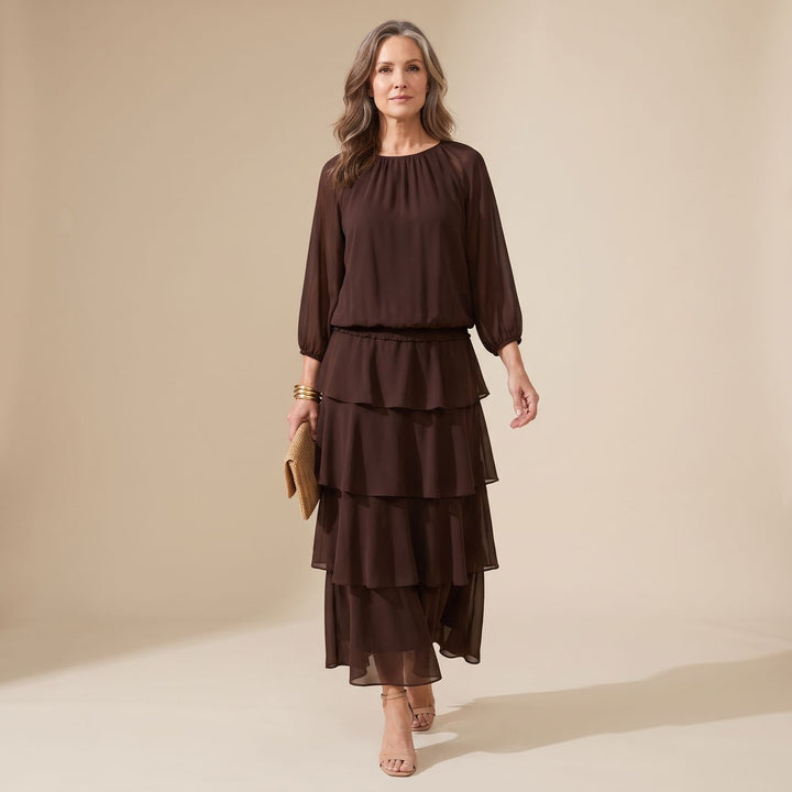 Women's Boho Two Piece Set Brown Chiffon Top Layered Ruffle Maxi Skirt