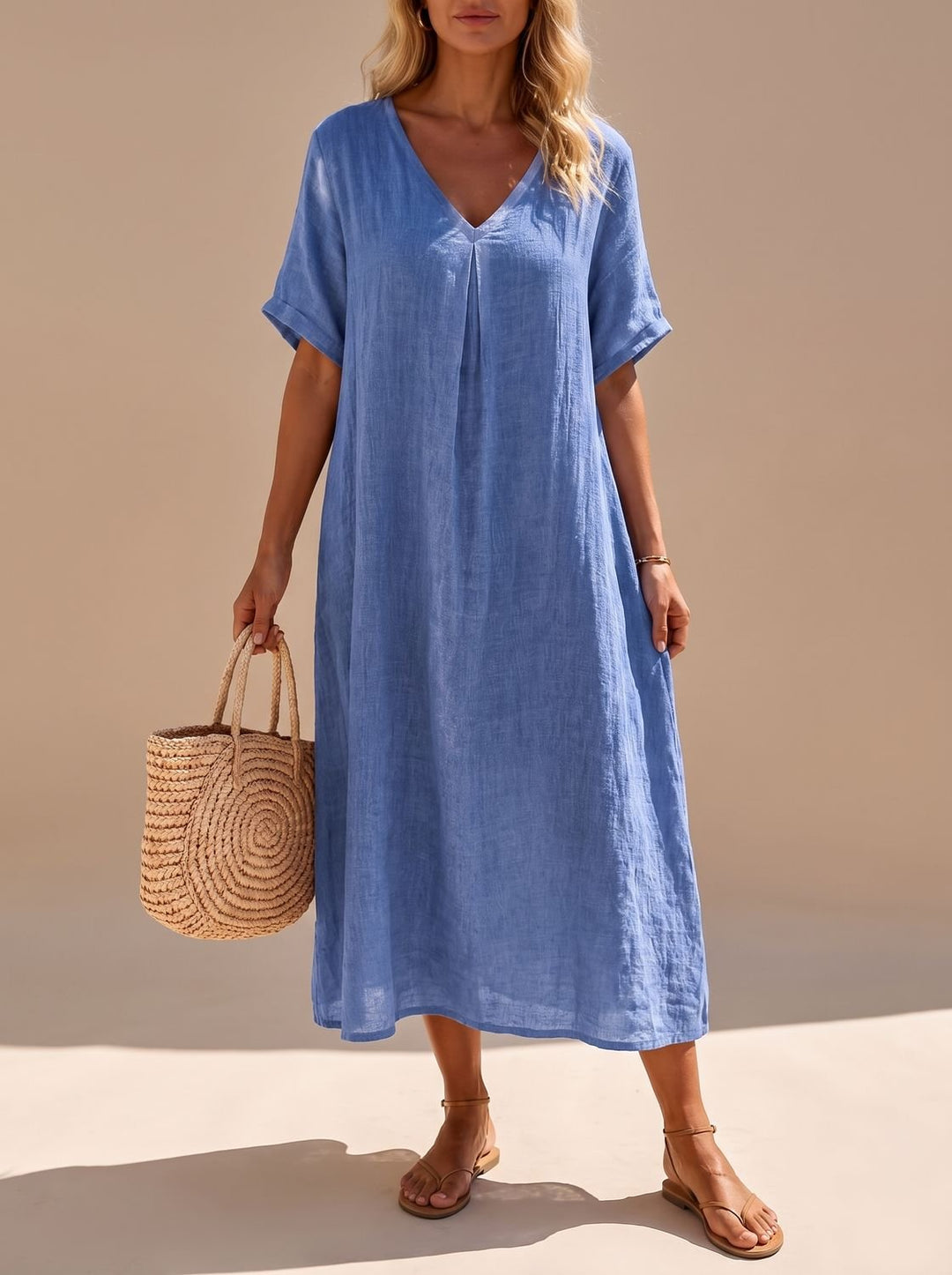 Women's Boho V-Neck Short-Sleeve Flowy Linen Maxi Dress - Blue