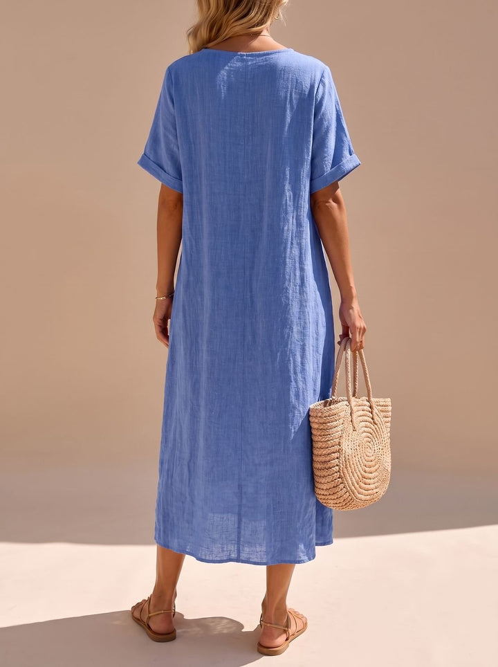 Women's Boho V-Neck Short-Sleeve Flowy Linen Maxi Dress