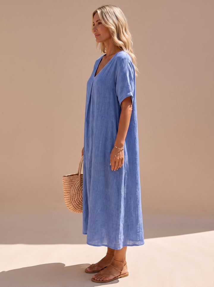 Women's Boho V-Neck Short-Sleeve Flowy Linen Maxi Dress