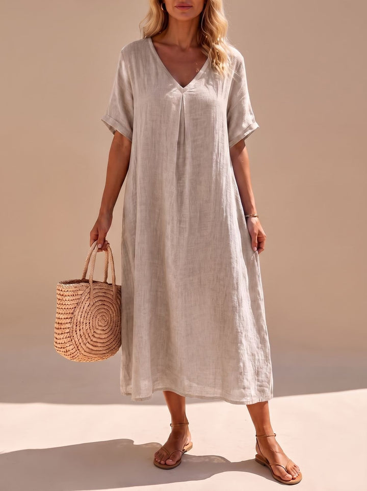 Women's Boho V-Neck Short-Sleeve Flowy Linen Maxi Dress - Beige