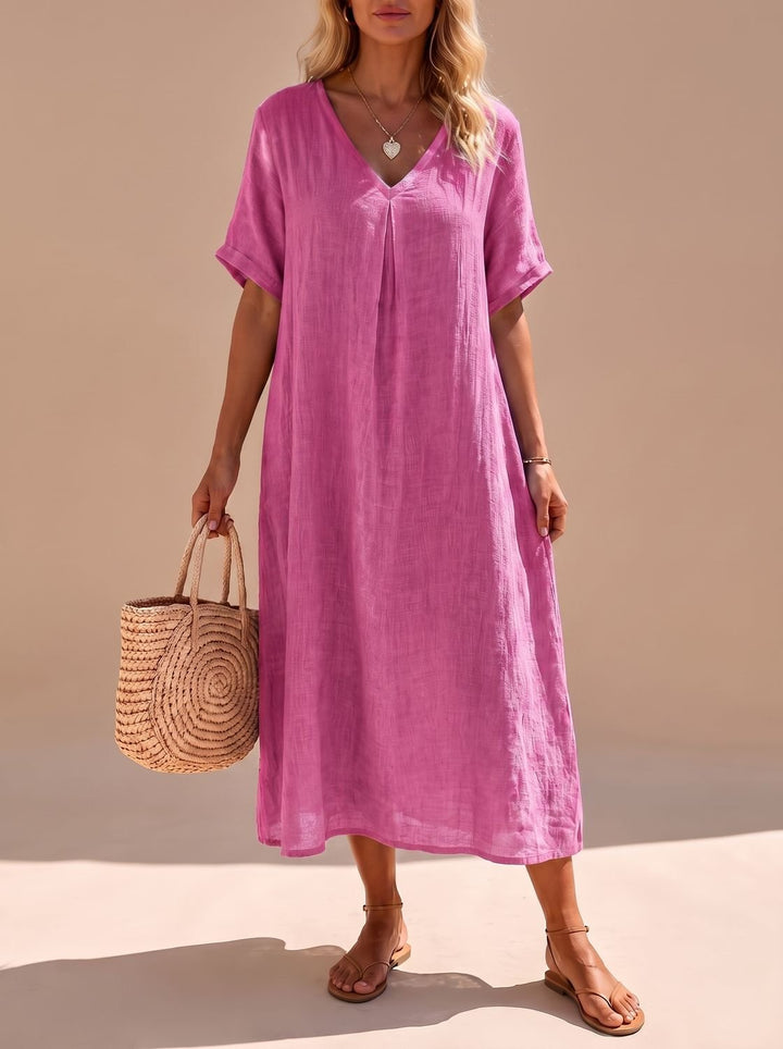 Women's Boho V-Neck Short-Sleeve Flowy Linen Maxi Dress - Pink