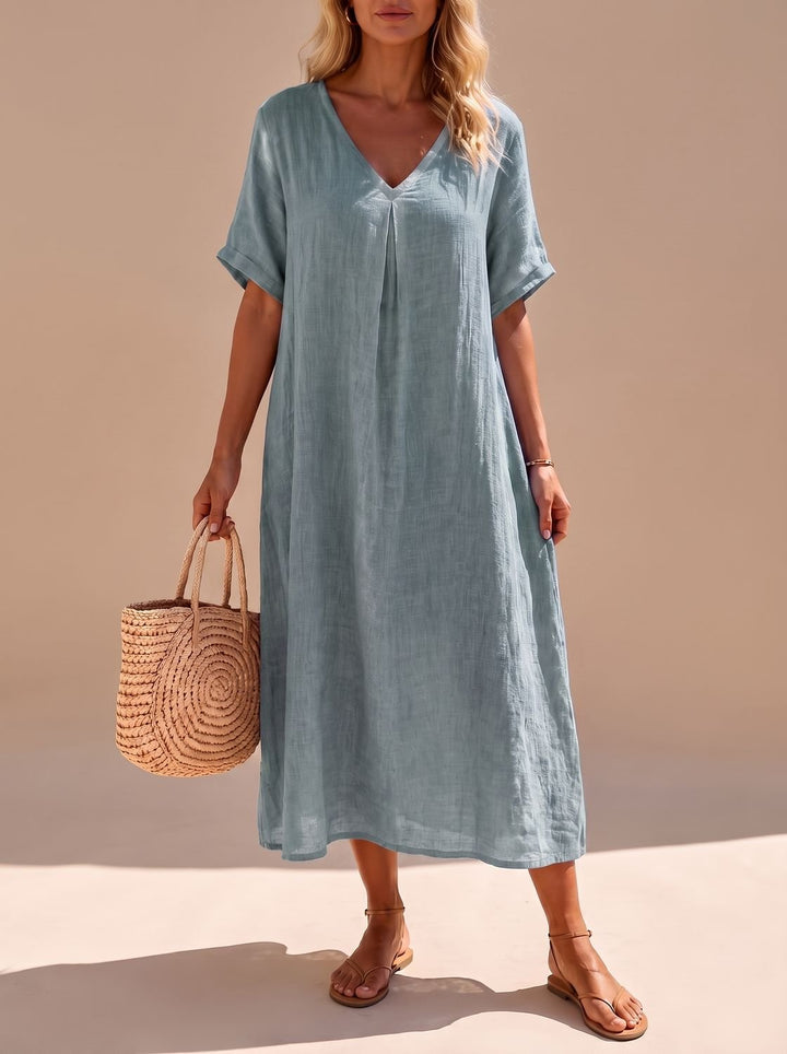 Women's Boho V-Neck Short-Sleeve Flowy Linen Maxi Dress - Light Green