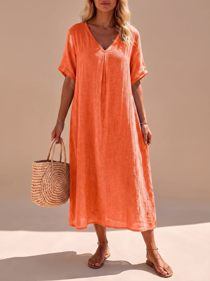 Women's Boho V-Neck Short-Sleeve Flowy Linen Maxi Dress - Orange