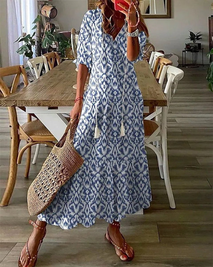 Women's Boho V-Neck Tassel-Tie Flowy Midi Dress - Blue