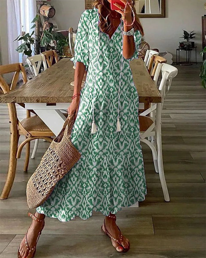 Women's Boho V-Neck Tassel-Tie Flowy Midi Dress - Green (Almost Sold Out)