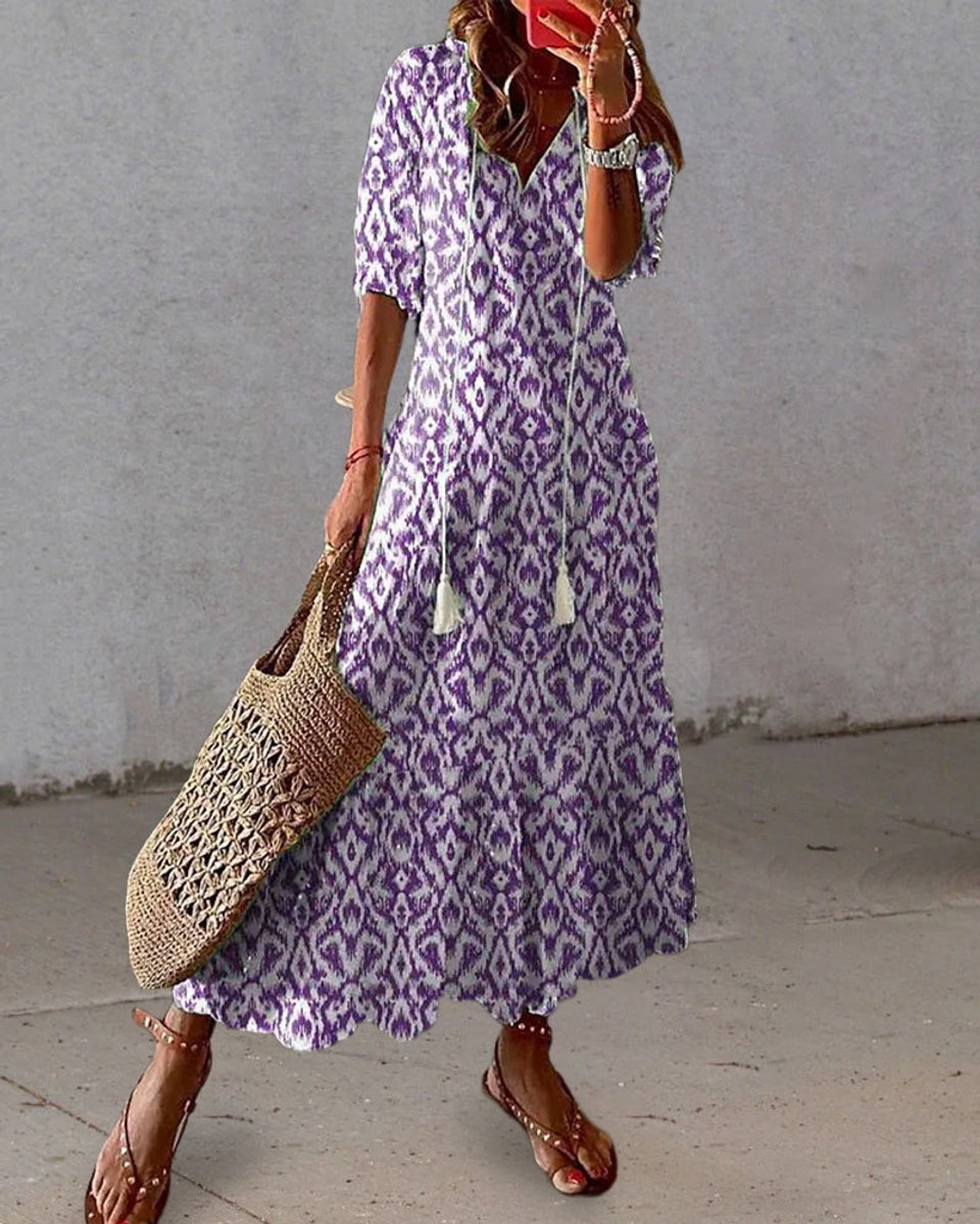 Women's Boho V-Neck Tassel-Tie Flowy Midi Dress - Purple (Almost Sold Out)