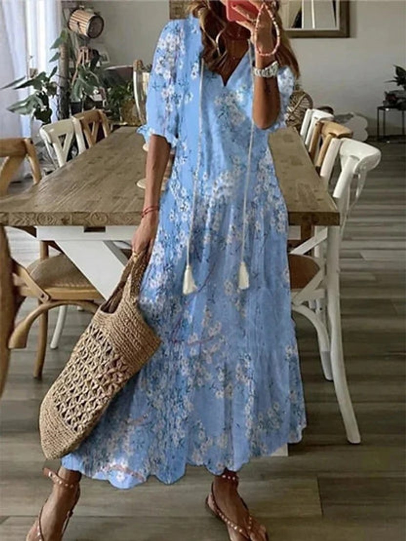 Women's Boho V-Neck Tassel-Tie Flowy Midi Dress - Light Blue