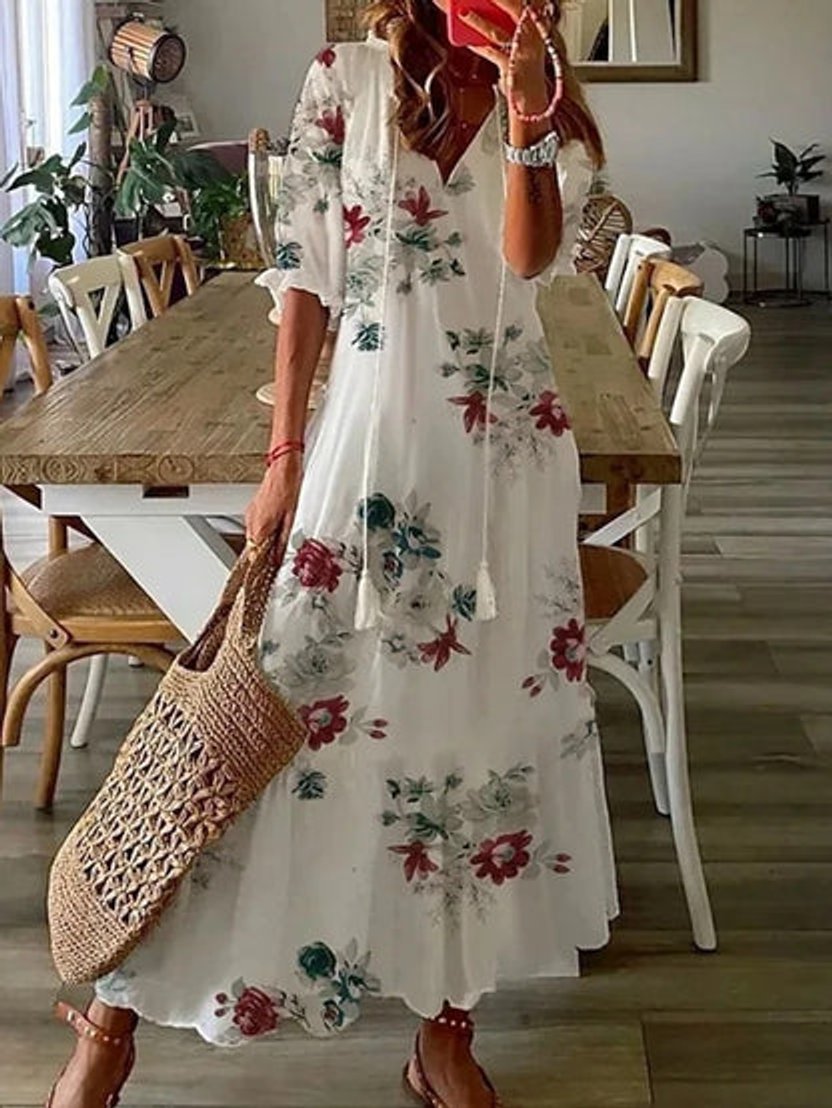 Women's Boho V-Neck Tassel-Tie Flowy Midi Dress - White 3