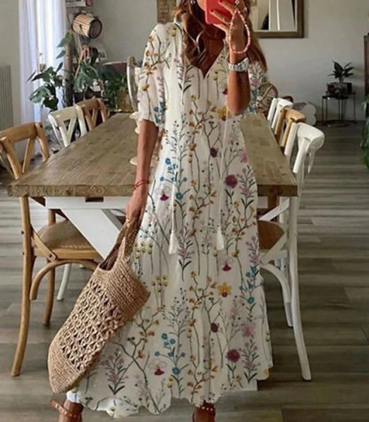 Women's Boho V-Neck Tassel-Tie Flowy Midi Dress - White 2