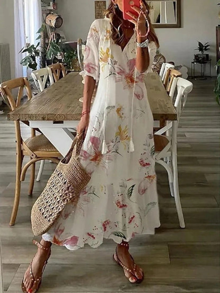 Women's Boho V-Neck Tassel-Tie Flowy Midi Dress - White 1 (Almost Sold Out)