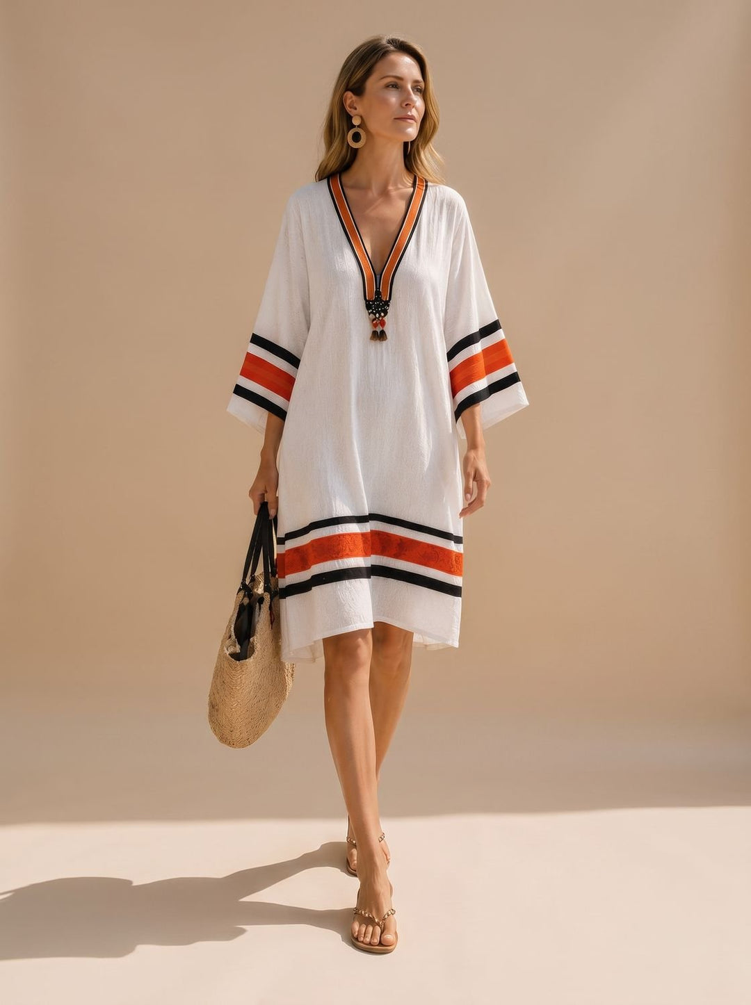 Women's Boho V-Neck Tassel Trim Kaftan Midi Dress