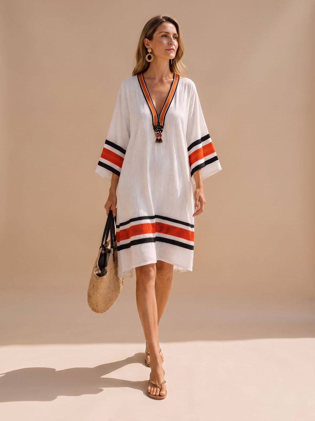 Women's Boho V-Neck Tassel Trim Kaftan Midi Dress