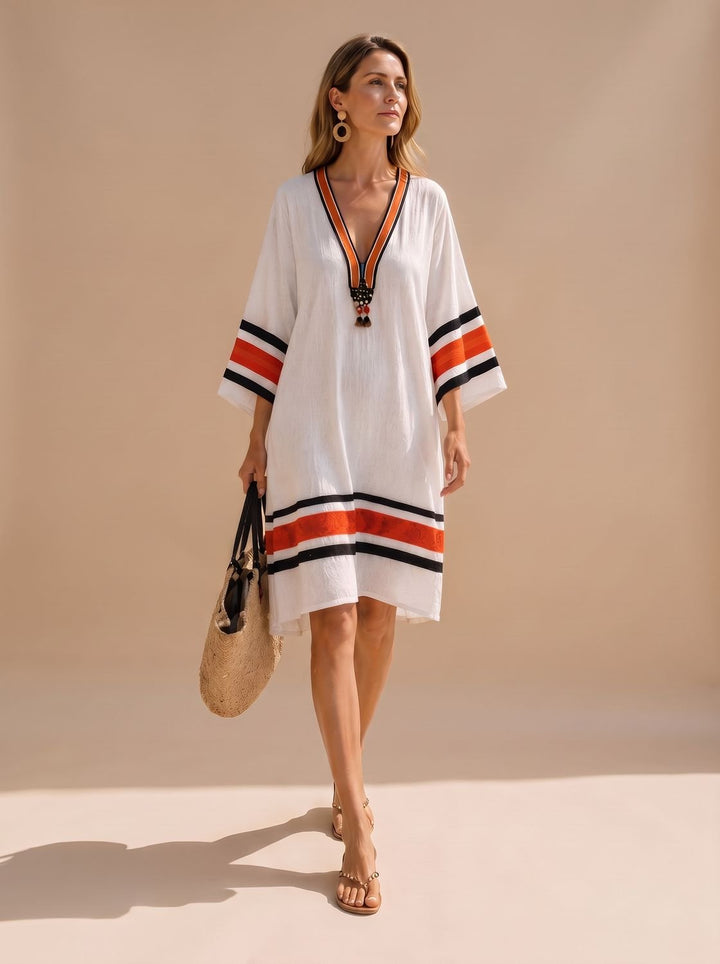 Women's Boho V-Neck Tassel Trim Kaftan Midi Dress