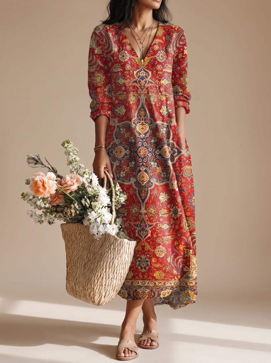 Women's Boho Vintage Paisley Long Sleeve Maxi Dress - Red