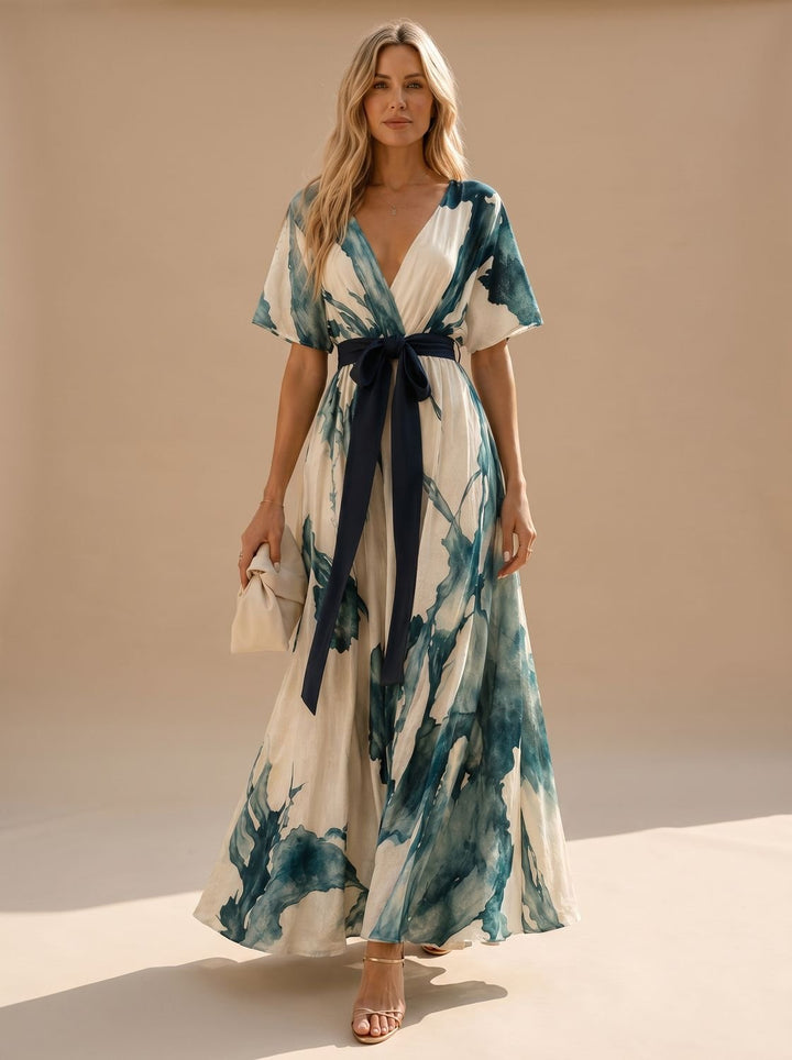 Women's Boho Watercolor-Print V-Neck Tie-Waist Maxi Dress