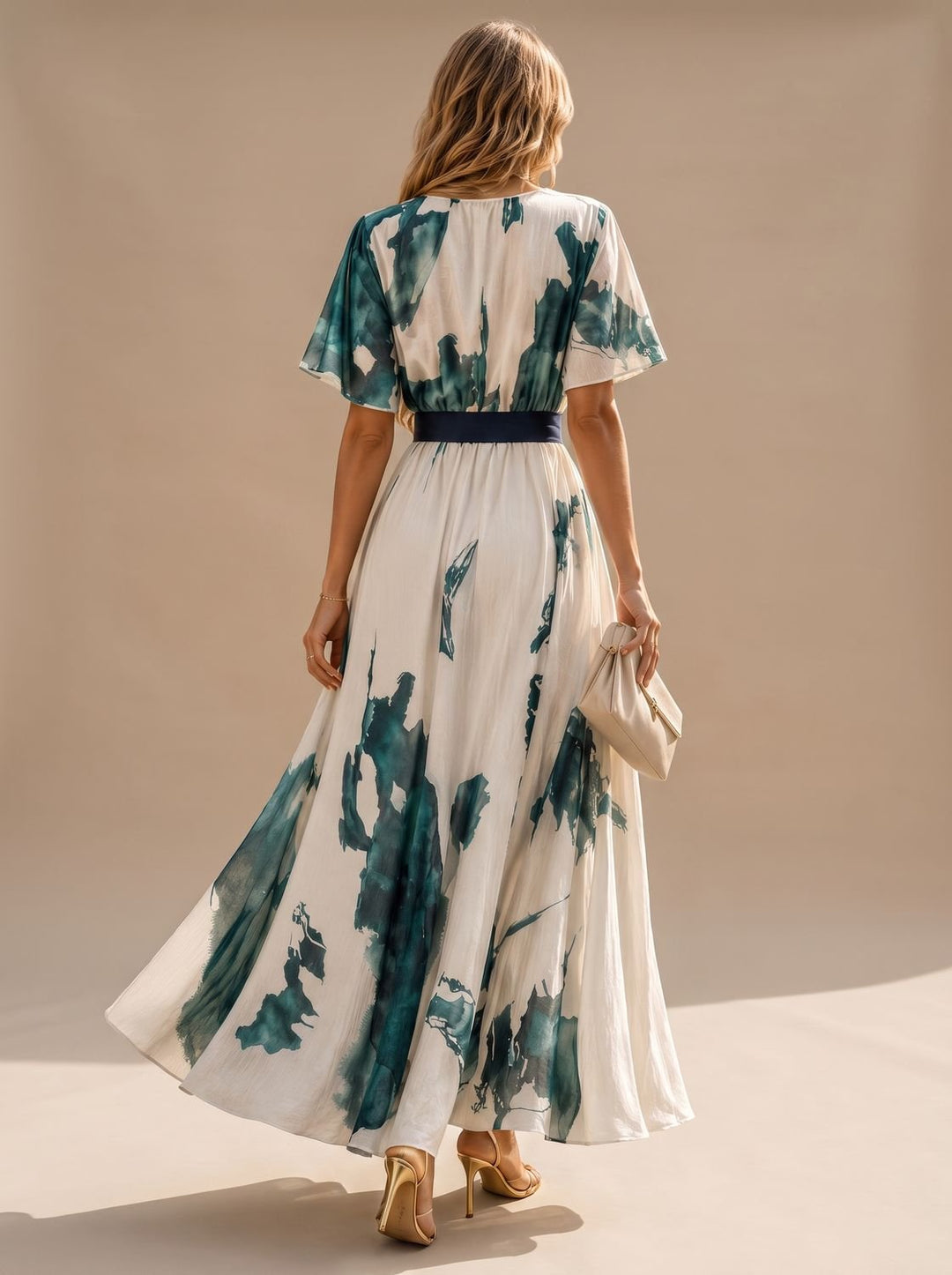 Women's Boho Watercolor-Print V-Neck Tie-Waist Maxi Dress