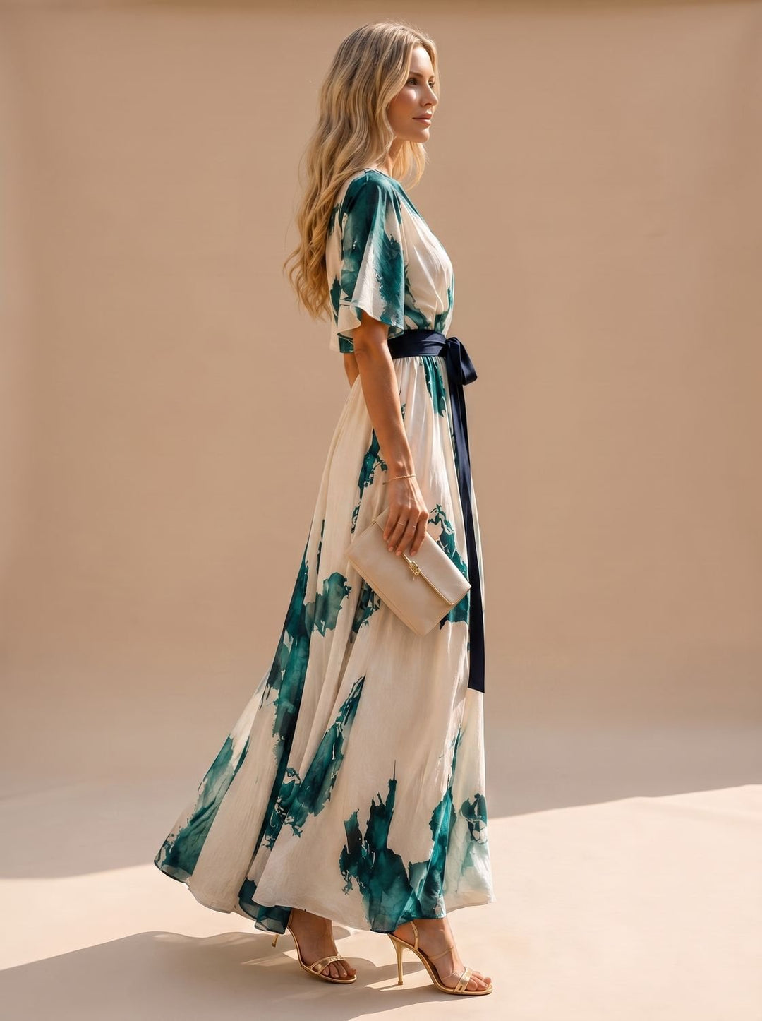Women's Boho Watercolor-Print V-Neck Tie-Waist Maxi Dress
