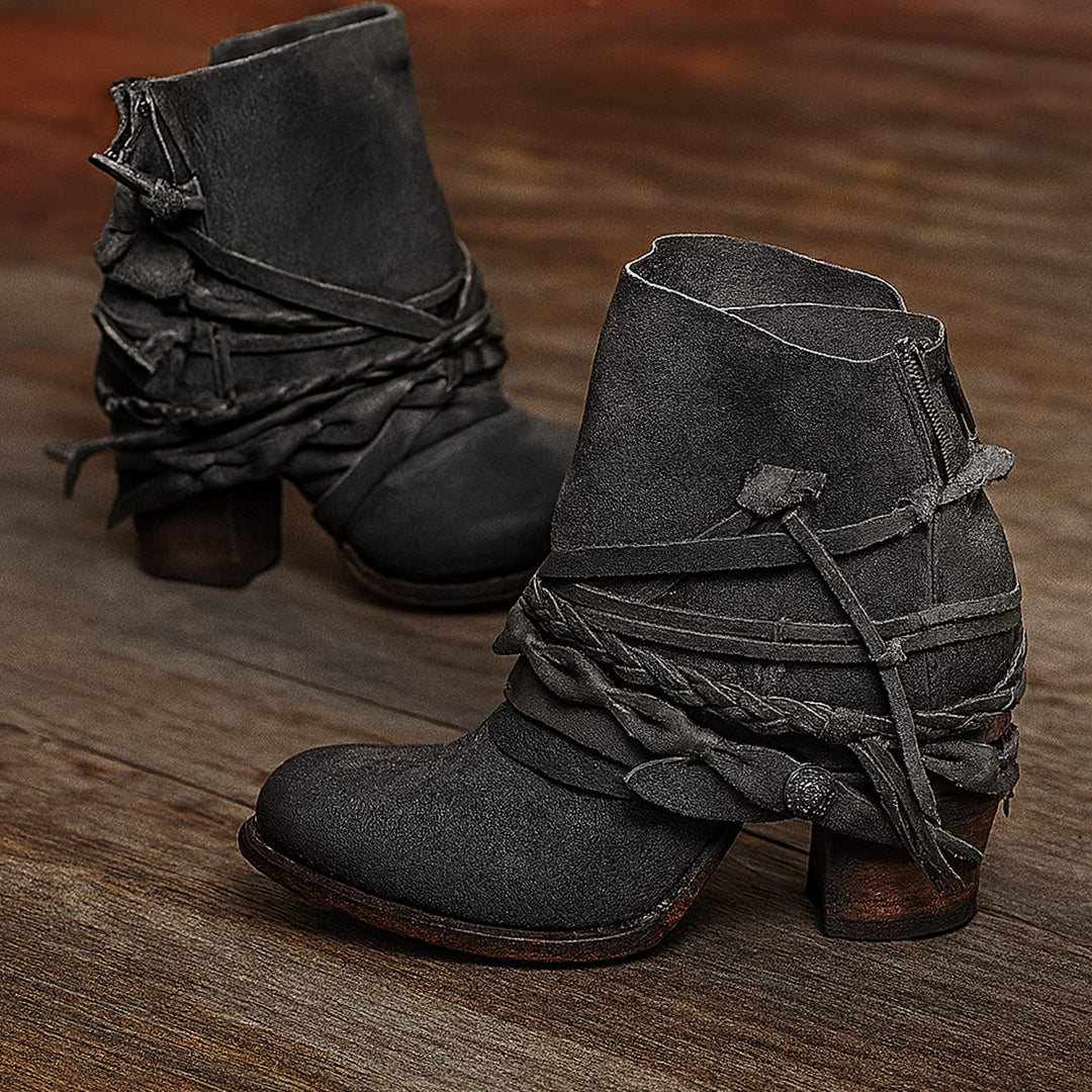 Women's Boho Western Wrap-Strap Block-Heel Ankle Boots - Gray