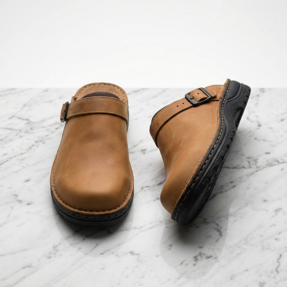 Women's Boots Premium Leather Slip-On Clogs - Brown