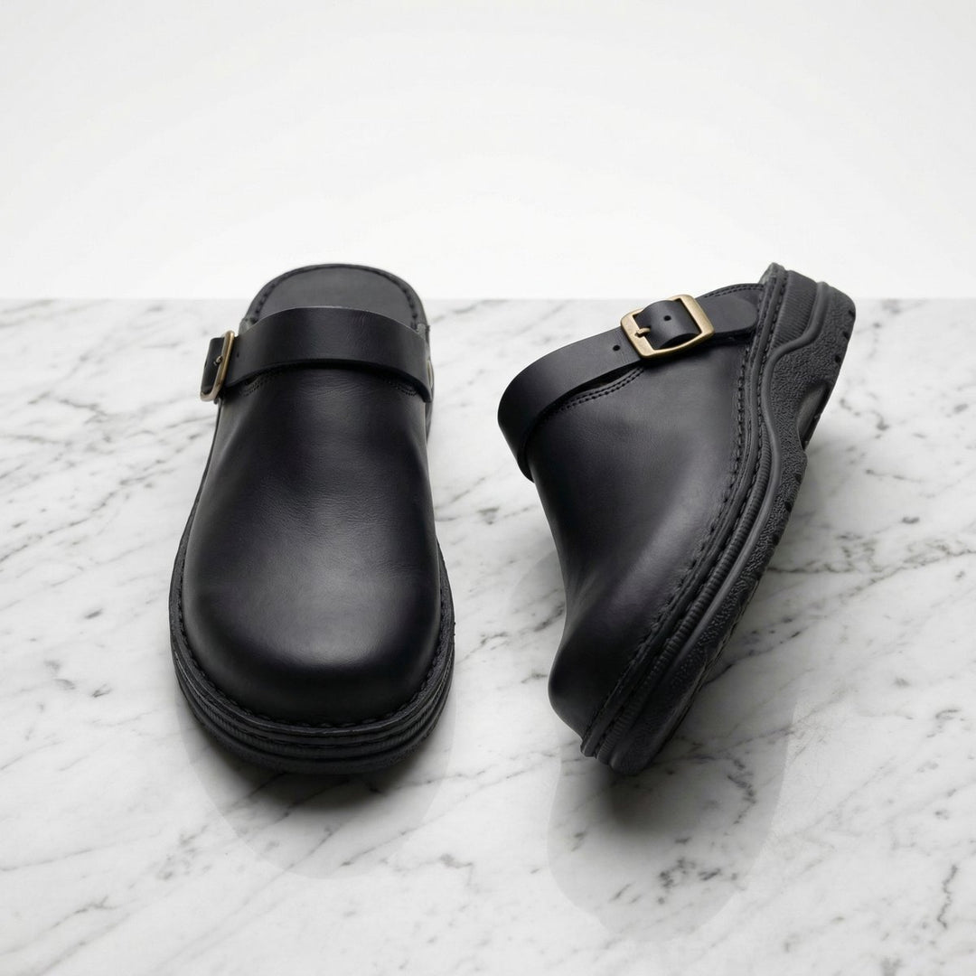 Women's Boots Premium Leather Slip-On Clogs - Black