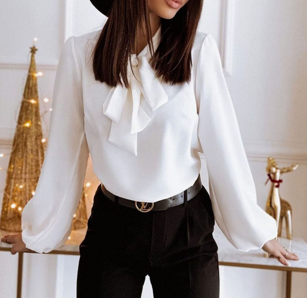 Women's Bow-Neck Puff Long Sleeve Blouse - White