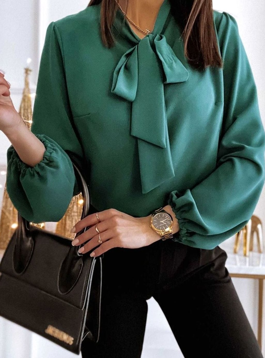 Women's Bow-Neck Puff Long Sleeve Blouse - Green