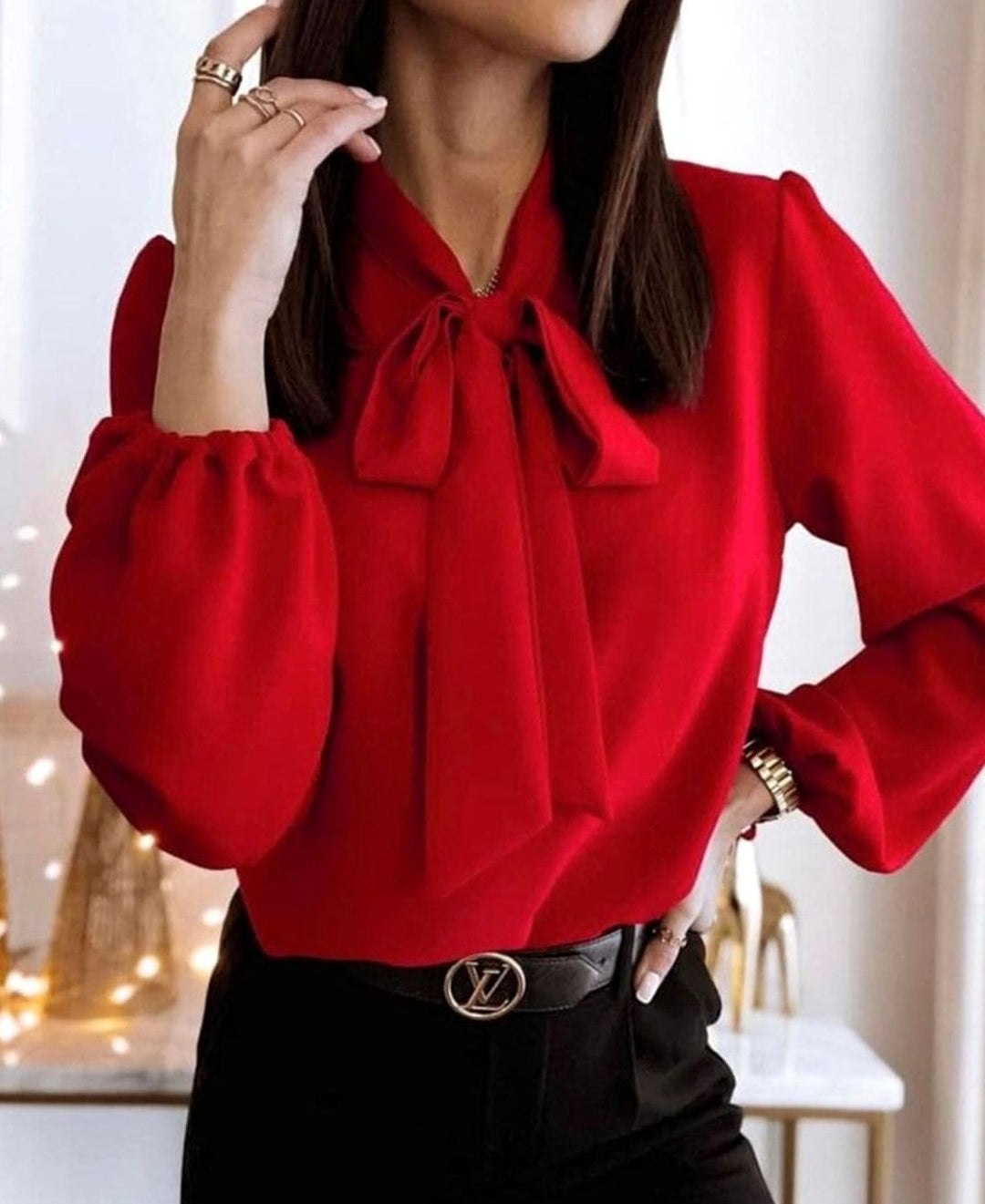 Women's Bow-Neck Puff Long Sleeve Blouse - Red