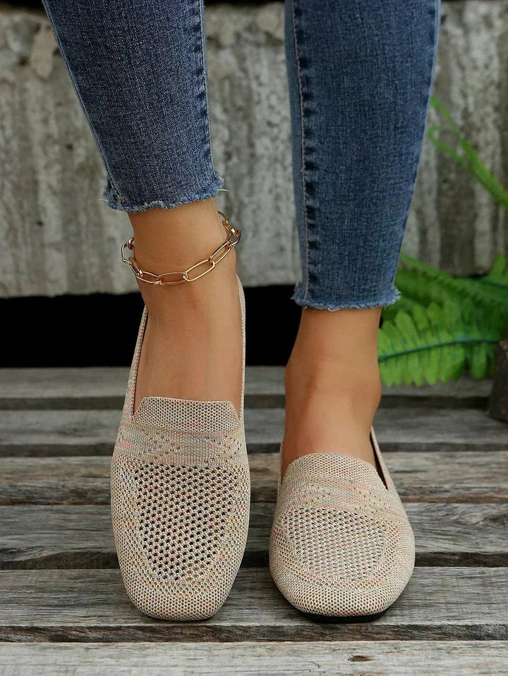 Women's Breathable Knit Slip-On Square-Toe Flat Loafers - Beige