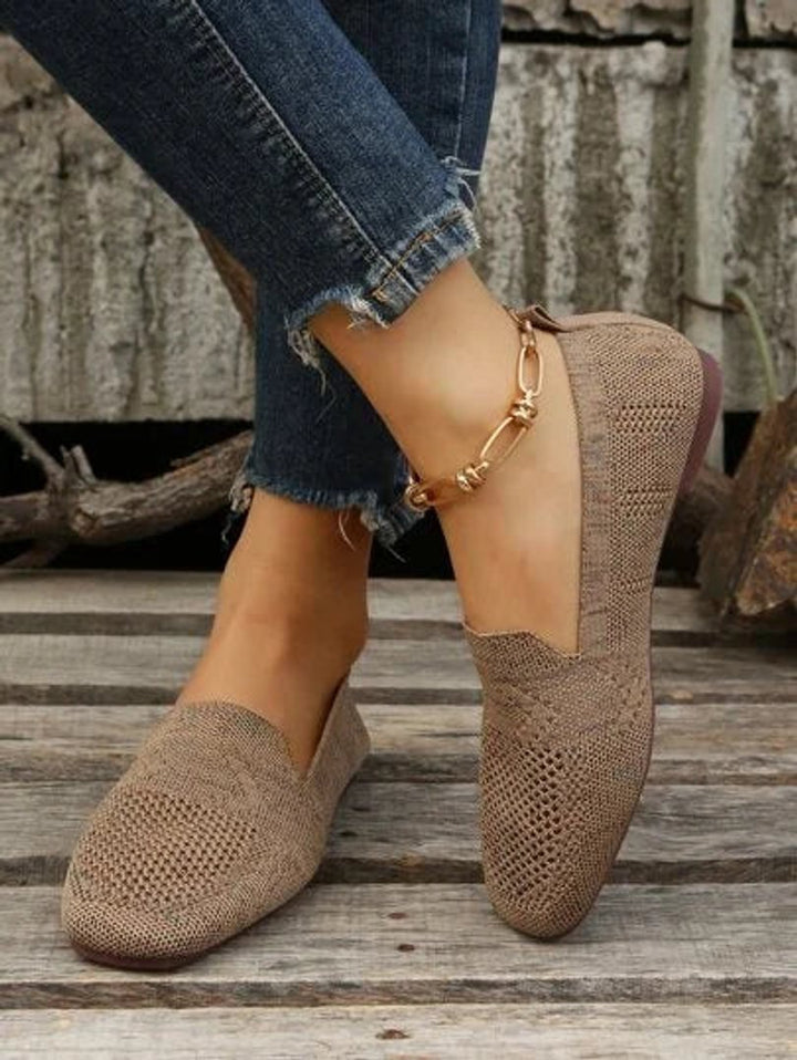 Women's Breathable Knit Slip-On Square-Toe Flat Loafers - Khaki
