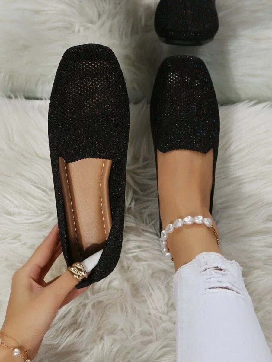 Women's Breathable Knit Slip-On Square-Toe Flat Loafers - Black