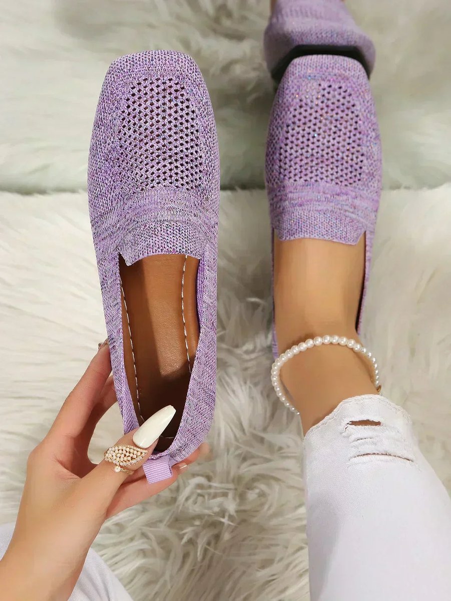 Women's Breathable Knit Slip-On Square-Toe Flat Loafers - Purple