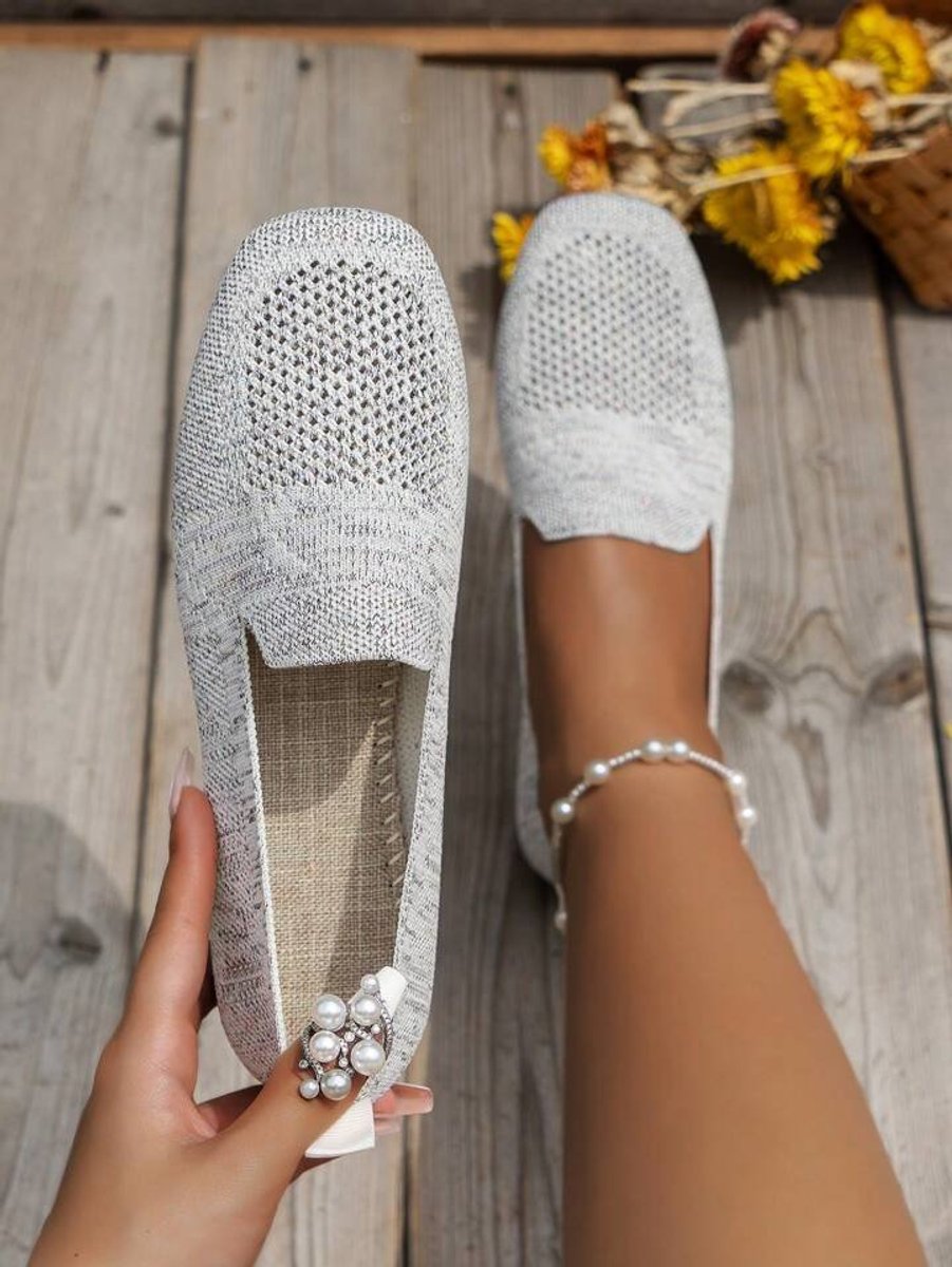 Women's Breathable Knit Slip-On Square-Toe Flat Loafers - White