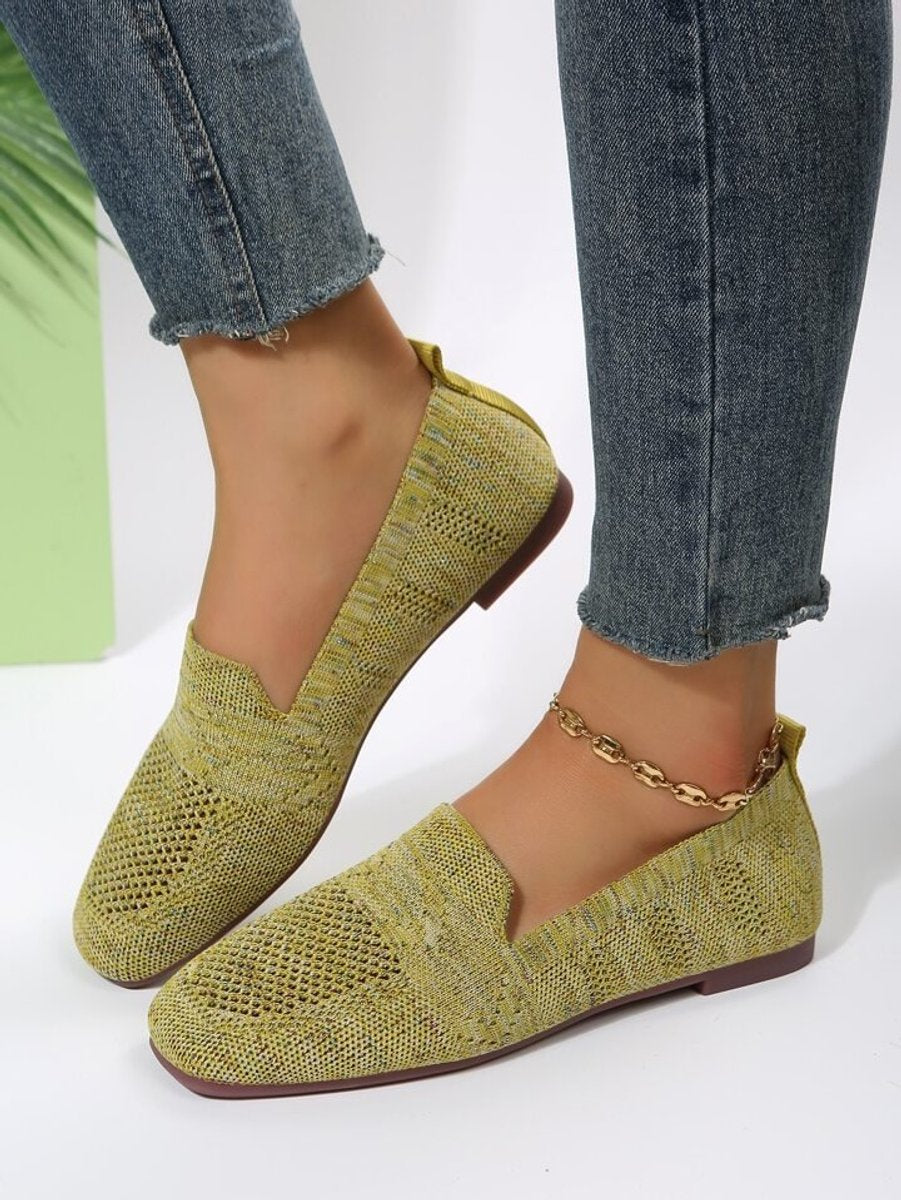 Women's Breathable Knit Slip-On Square-Toe Flat Loafers - Green