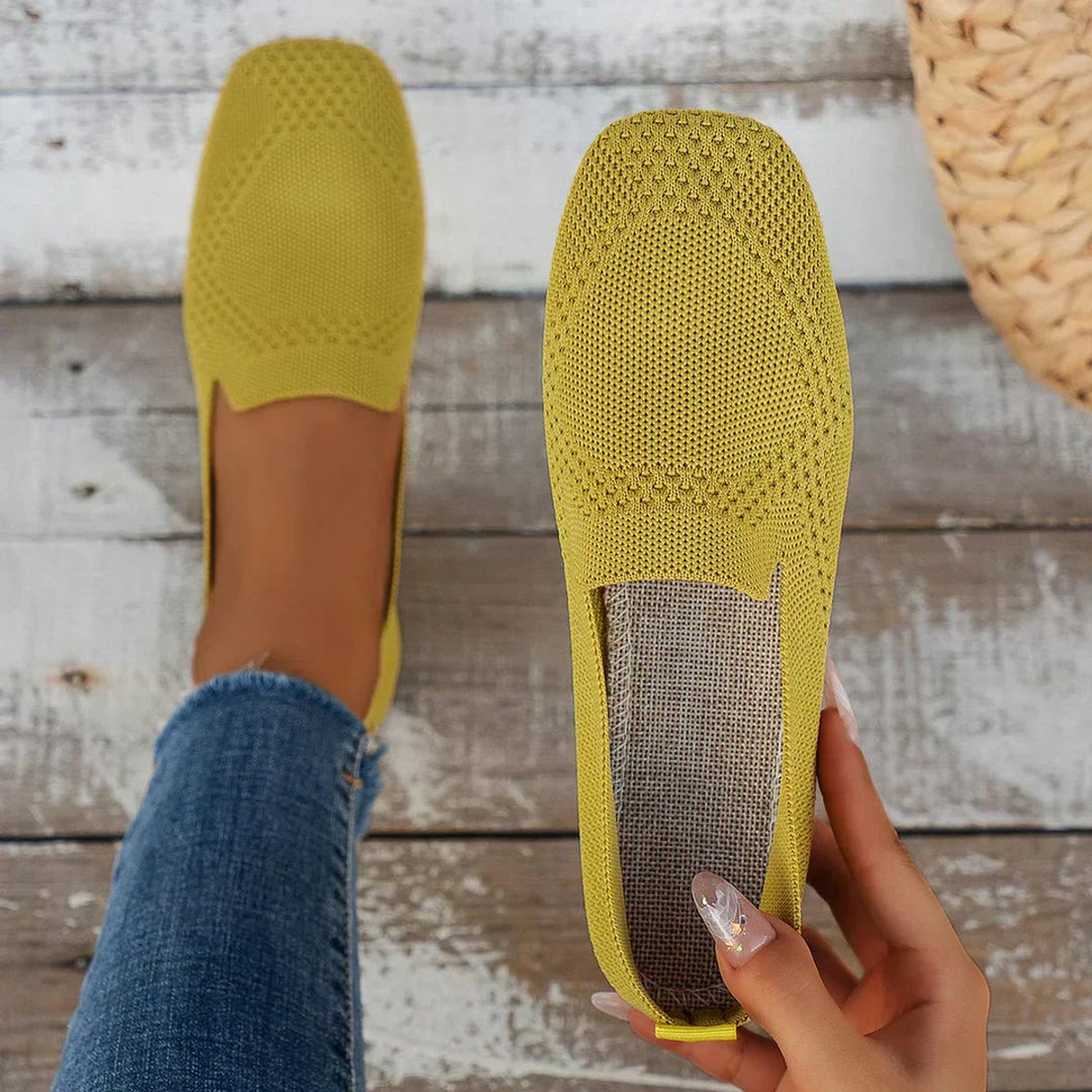 Women's Breathable Knit Slip-On Square-Toe Flat Loafers - Yellow